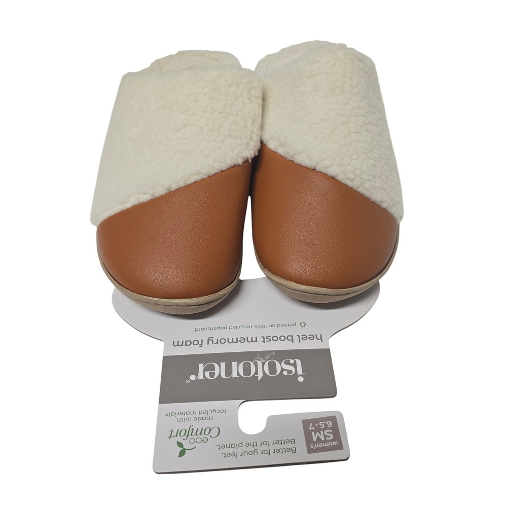Isotoner Eco Comfort Women Tan Cream Shearling Memory Foam Slippers  6.5-7 S NWT